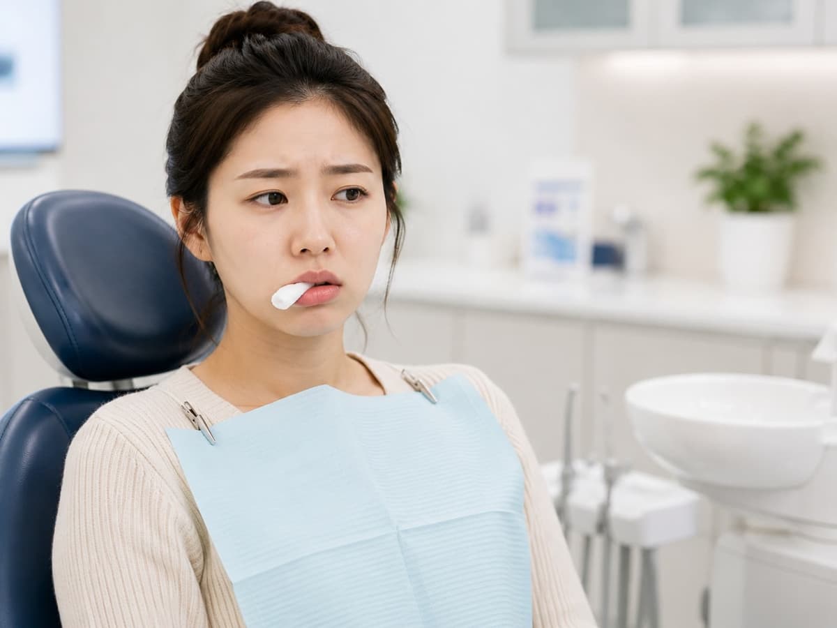 抜歯後にガーゼを噛んで止血をする女性