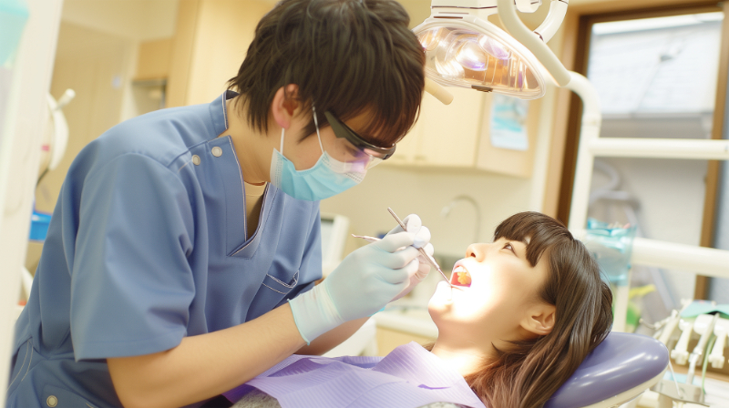 歯周病の進行を防ぐために歯科医院で定期的にケアを受ける女性