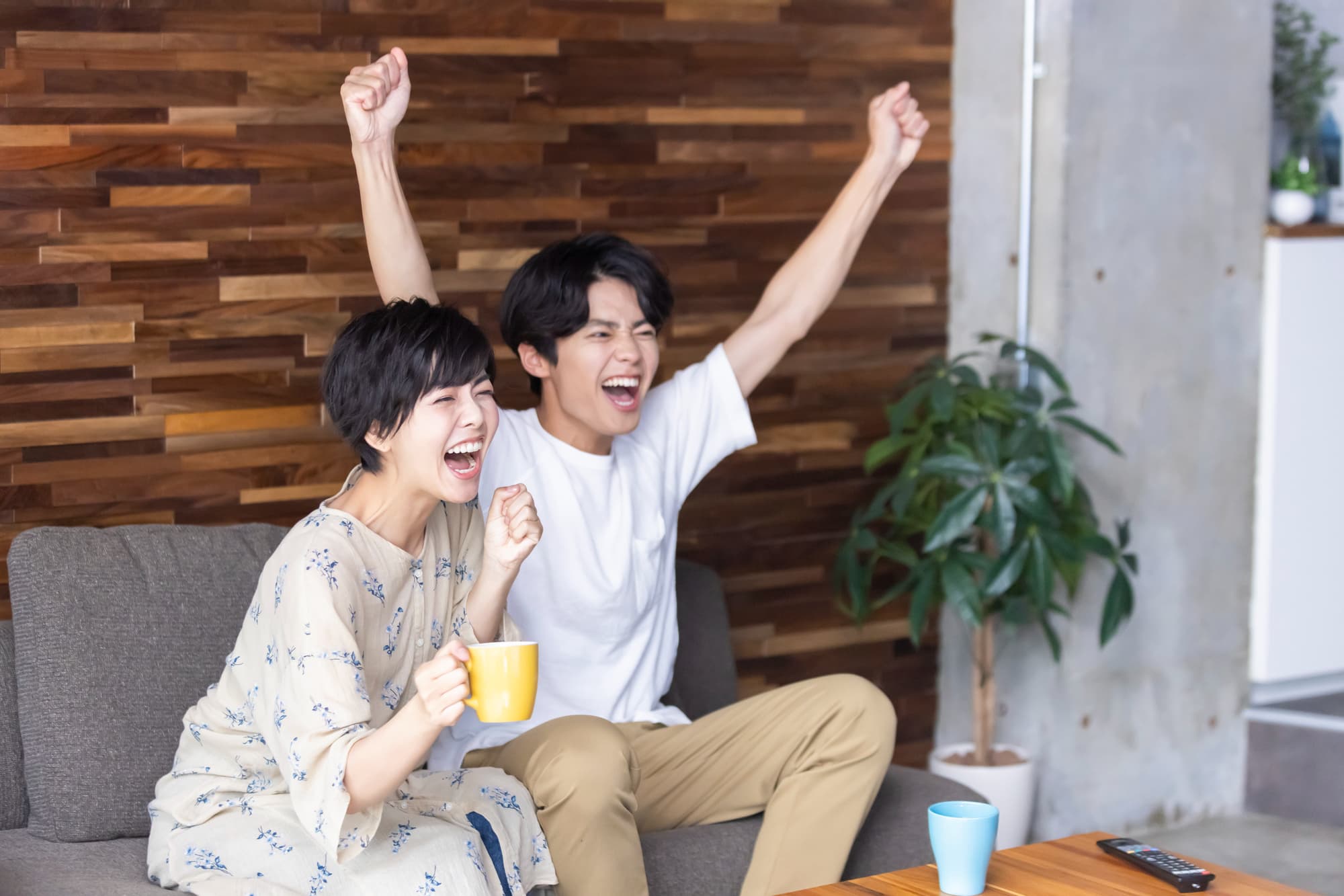 テレビでスポーツ観戦して盛り上がる夫婦