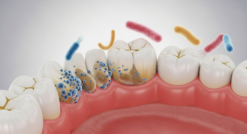 歯石に細菌が付着して口臭の元になっているイメージ