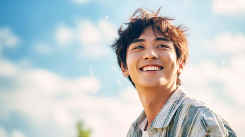 青空の下の笑顔の男性