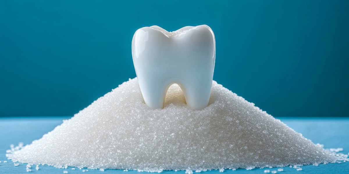 虫歯ができる要因を示す砂糖の山の上の歯の模型