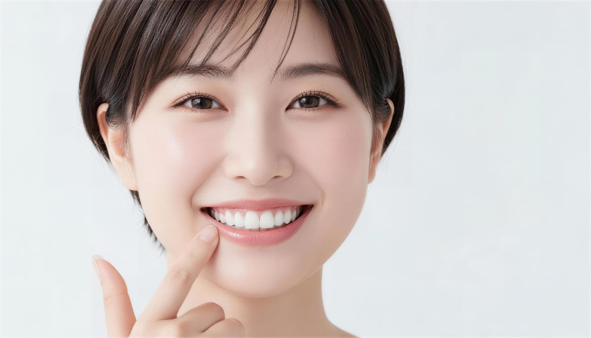 健康な歯茎を指さす笑顔の女性